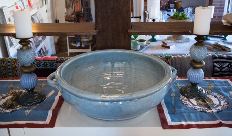Blue bowl/candlesticks, Corner Shop