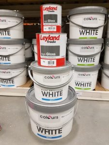 Paint pots for faux wedding cake: Charis White stylist for Tissus D'Helene window 2017