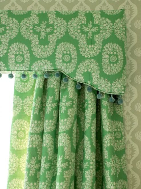 Chandolin flower green curtains with bobble pelmet by Charlotte Gaisford/Charis White interiors blog