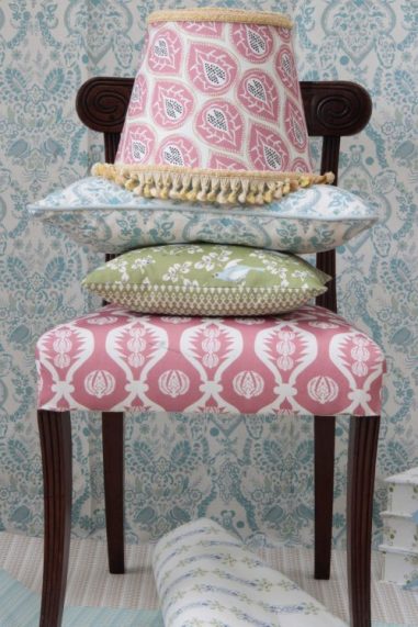 Cushions and lampshade on chair by Charlotte Gaisford/Charis White interiors blog