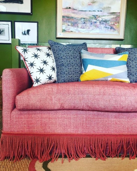 Salvesen Graham Red sofa with Bullion Fringe on Charis White Interiors blog