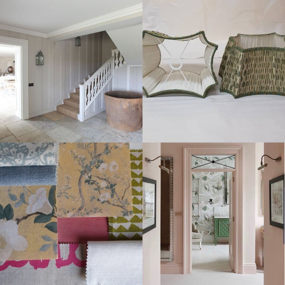 Collage for Charis White Interiors blog including image from Light Locations, Paralumi Luigi, Ham Interiors and Christopher Farr Cloth